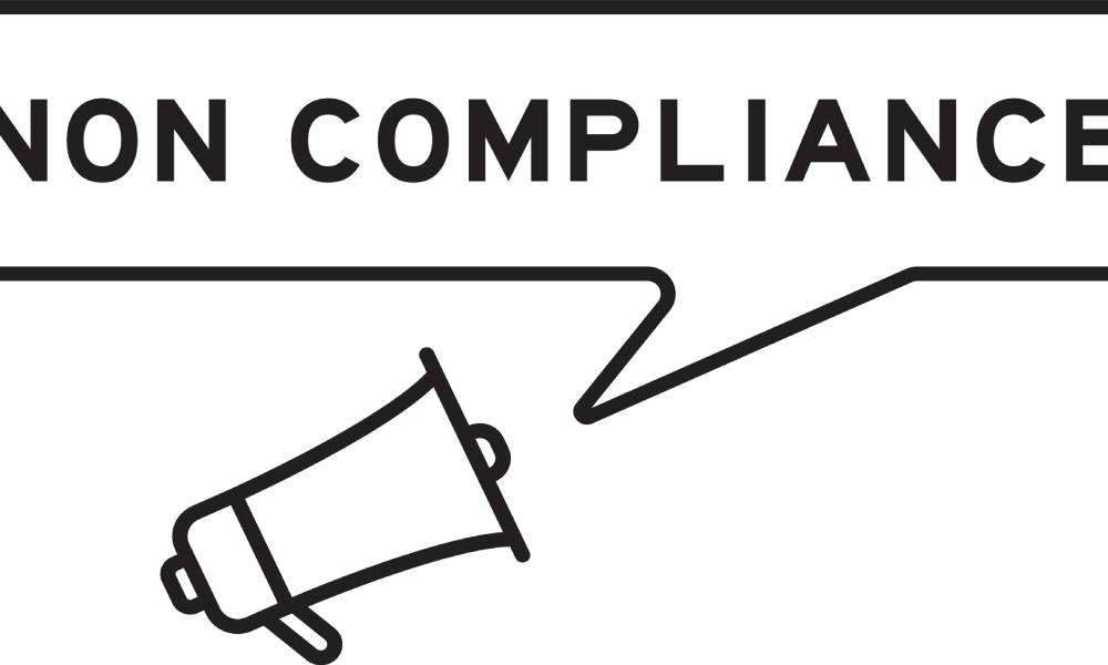 A speech bubble with the word "non compliance" written in it. It juts out from a black outline of a megaphone.