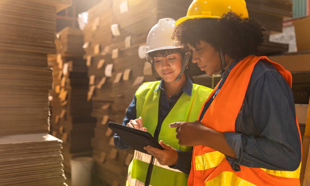 Two women, working on a job site, huddled over a tablet. They each wear hard hats and reflective vests.