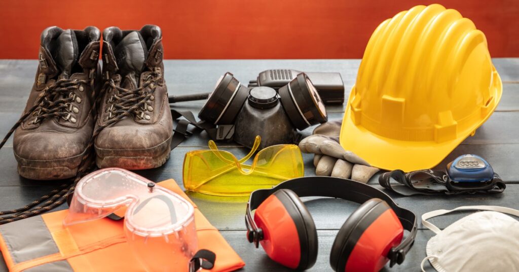 Various types of personal protective equipment for worksite safety, including gloves, boots, goggles, and a respirator.